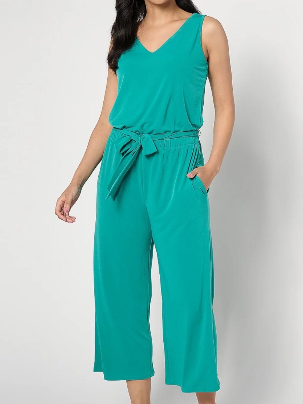 Denim & Co. Regular V-Neck Cropped Wide Leg Jumpsuit Small Like New Green